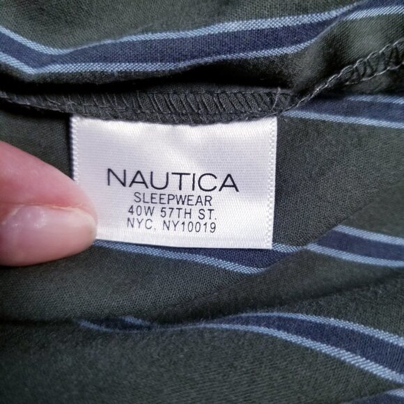 Nautica Sleepwear Shirt Men's Med Long Sleeve Button Up Green with Blue Stripes - Picture 7 of 11